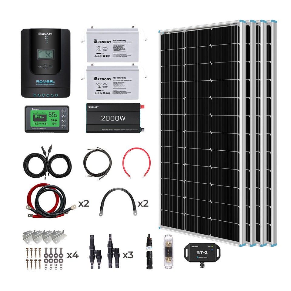 Renogy 400W 12 Volt Complete Solar Kit with Two 100Ah Deep-Cycle AGM / LiFePO4 Batteries SKU: RKIT400DLP2-US Lithium Batteries