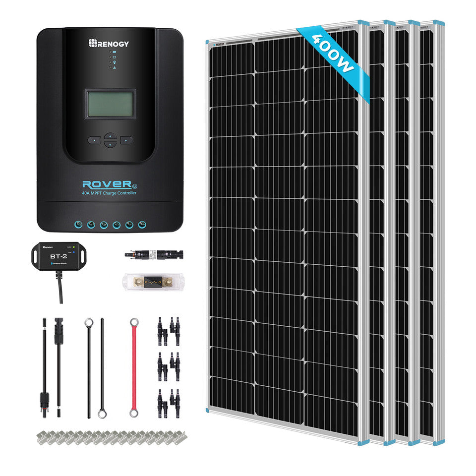Renogy Energy New 400 Watt 12 Volt Solar Premium Kit W/MPPT or REGO Solar Charge Controller SKU: RNG-KIT-PREMIUM400D-RVR40-US