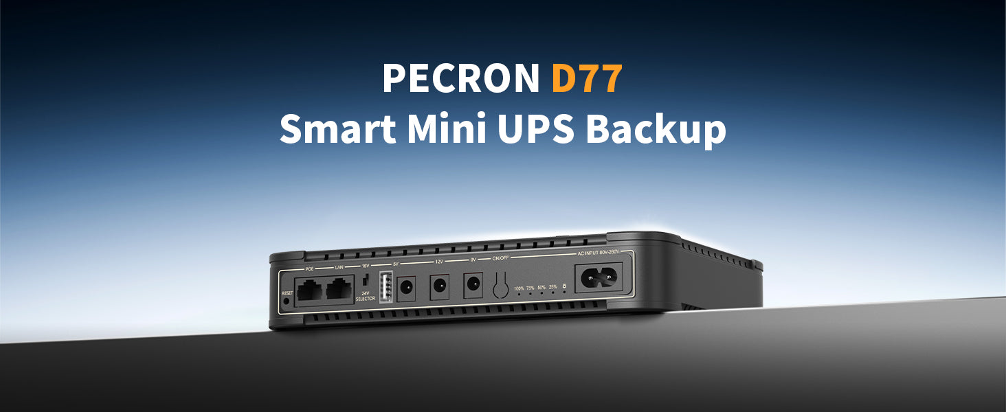 Pecron D77 DC UPS Battery Backup, 76.96Wh Small UPS for WiFi Router/Modem/Security Camera/Phone, With PoE Port, 5V/9V/12V