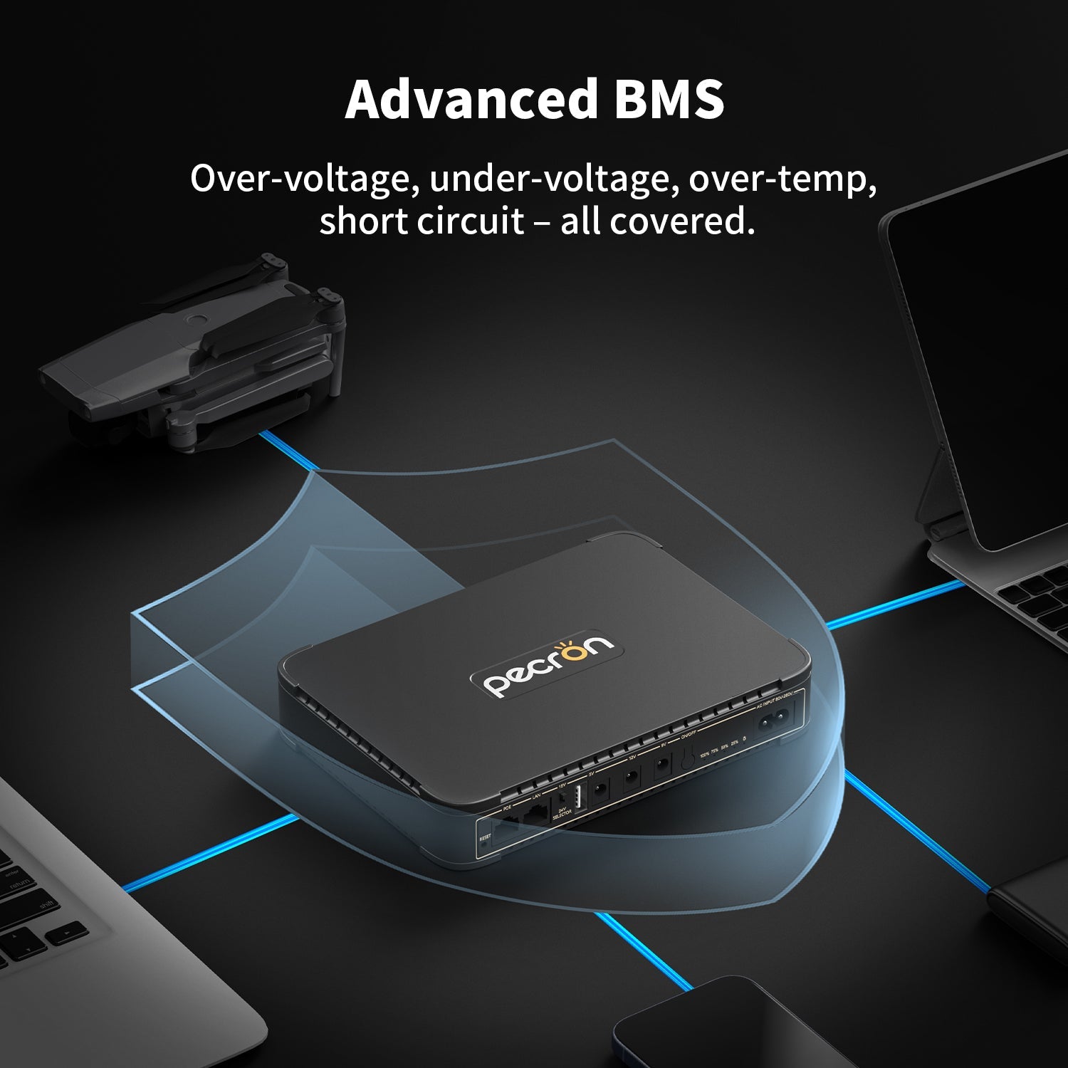 Pecron D77 DC UPS Battery Backup, 76.96Wh Small UPS for WiFi Router/Modem/Security Camera/Phone, With PoE Port, 5V/9V/12V