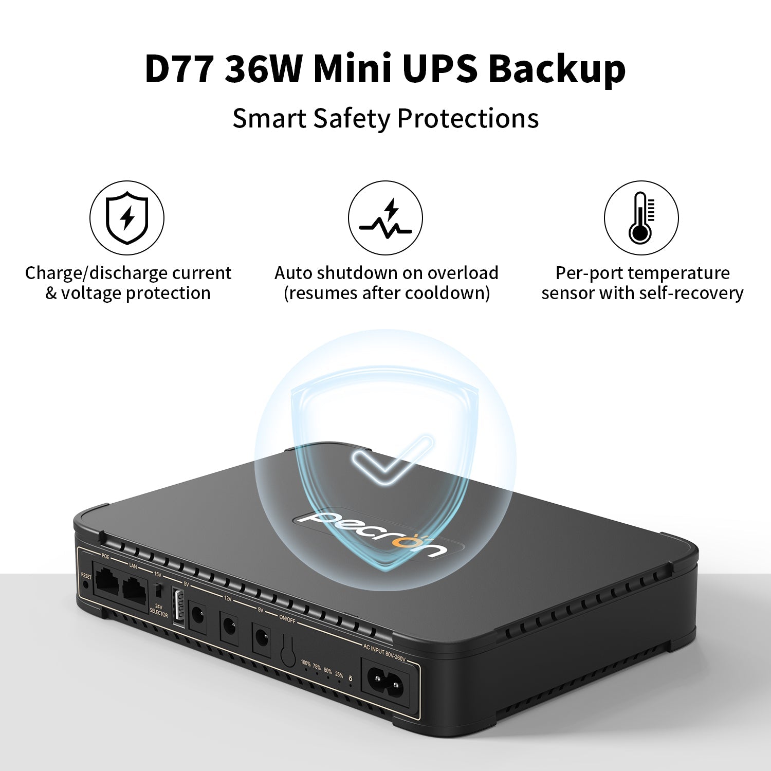 Pecron D77 DC UPS Battery Backup, 76.96Wh Small UPS for WiFi Router/Modem/Security Camera/Phone, With PoE Port, 5V/9V/12V