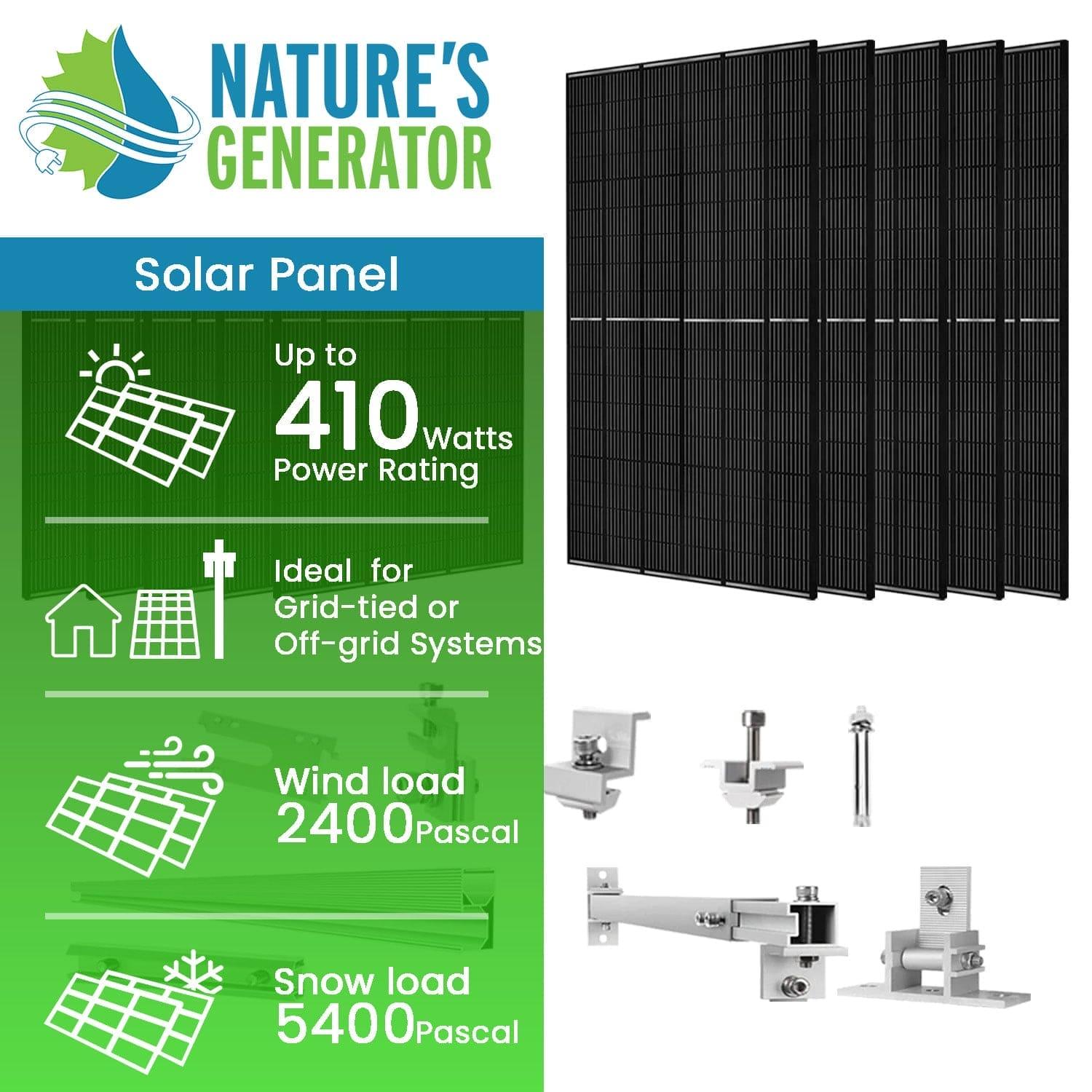 Nature's Generator 410 Watt Monocrystalline Solar Panel (10 Pack) With Solar Panel Mount Rack