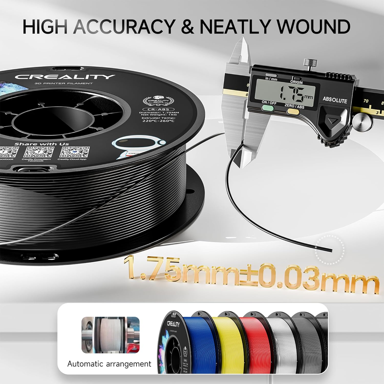 Creality ABS Filament 1.75mm Grey 3D Printer Filaments, 1kg(2.2lbs)